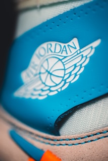 Close-up of a blue and white shoe with a visible 'Air Jordan' logo featuring a basketball and wings. The stitching and suede texture around the logo are sharply detailed.