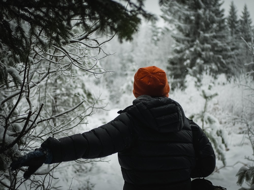 a person standing in the snow looking at trees