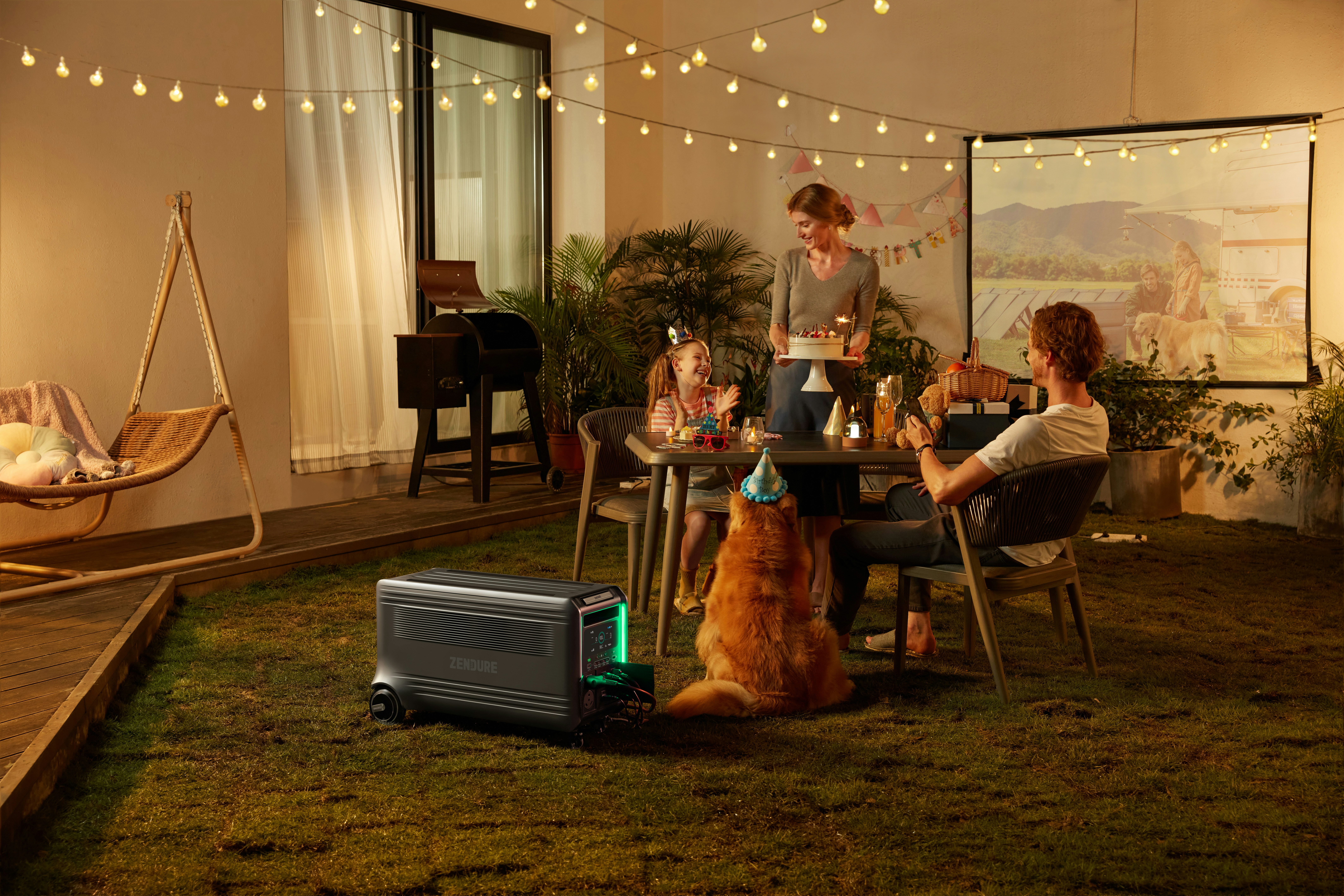 a group of people sitting around a table with a dog