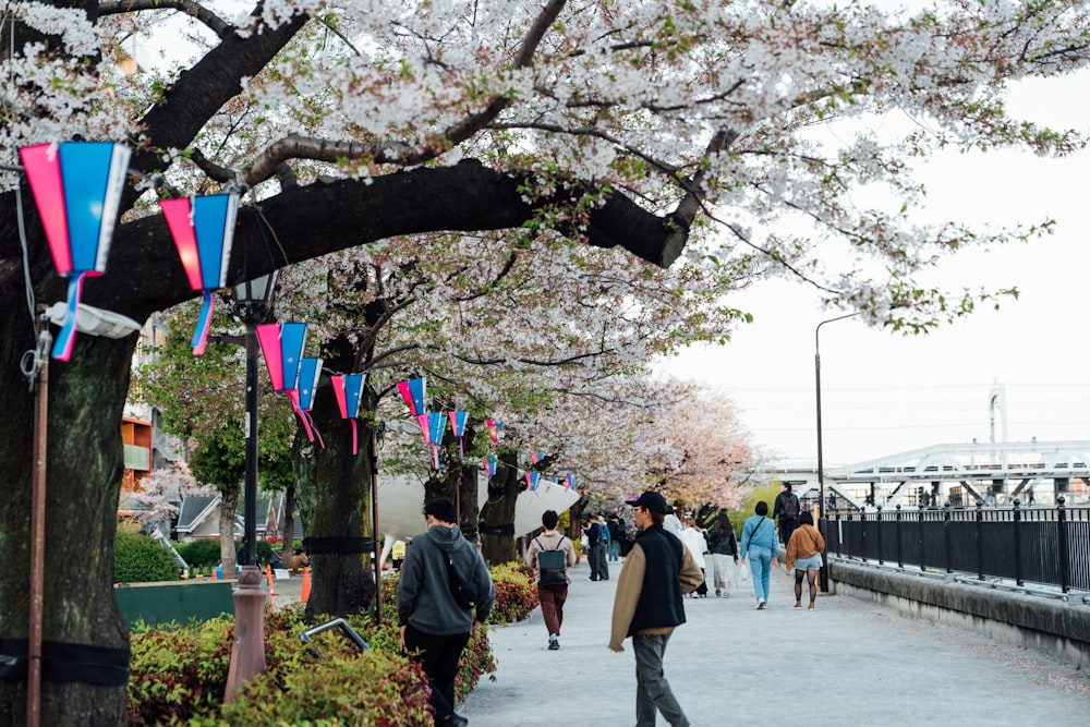 a group of people walking down a sidewalk next to trees