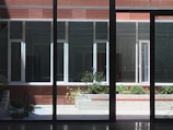 A courtyard view featuring large windows reflecting light, bordered by brown paneling. A central planter contains green shrubs and small plants with a brick border.