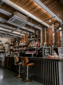 A cozy coffee shop interior with a rustic design, featuring a wooden ceiling and walls, pendant lights, and a modern espresso machine on a black counter. Two stylish wooden bar stools are placed in front of the counter. The shelves in the background are lined with several coffee and kitchen items, contributing to the warm and inviting atmosphere.