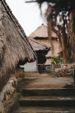 a set of steps leading to a thatched roof house