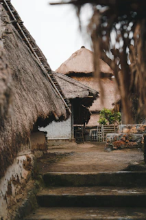 a set of steps leading to a thatched roof house