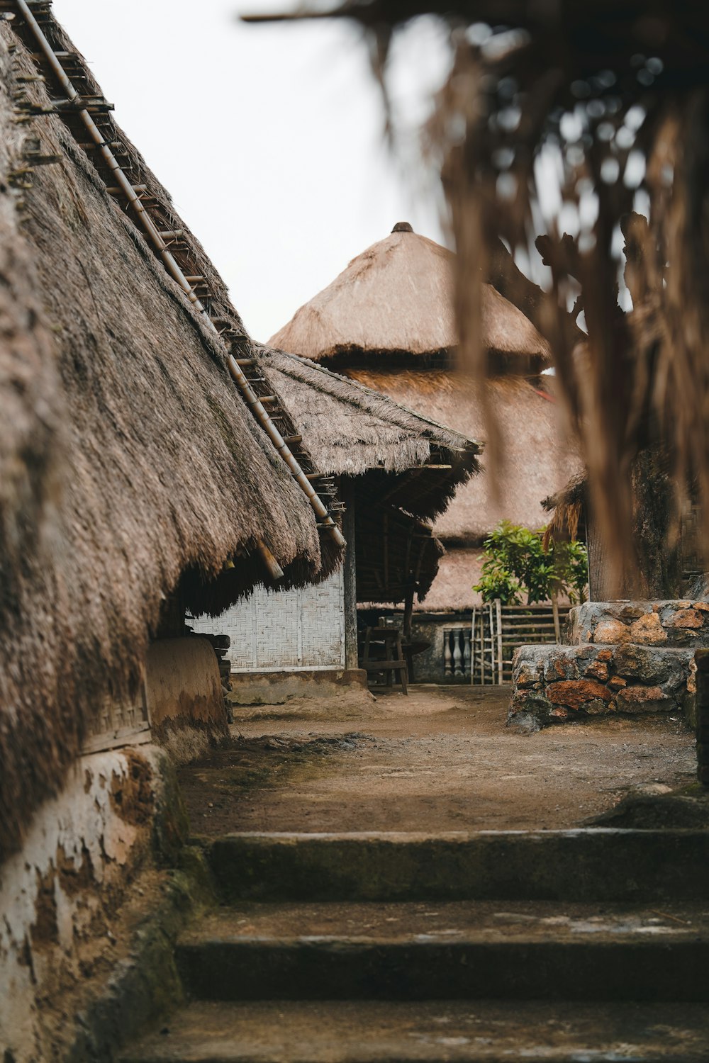 a set of steps leading to a thatched roof house
