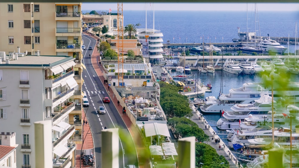 a view of a marina from a high point of view