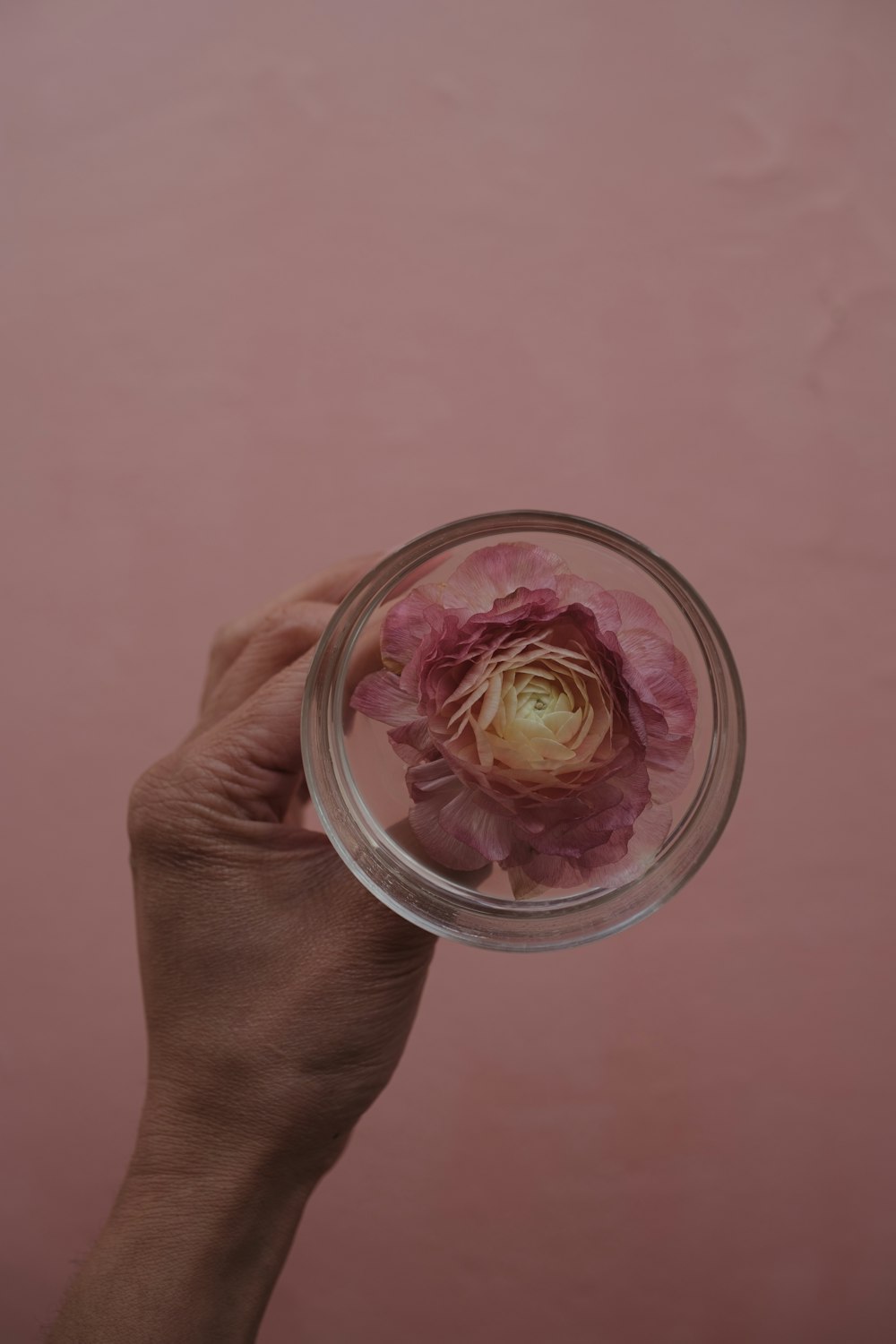 a person holding a glass bowl with a flower in it
