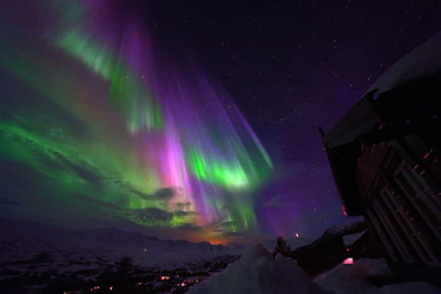 the aurora lights shine brightly in the night sky