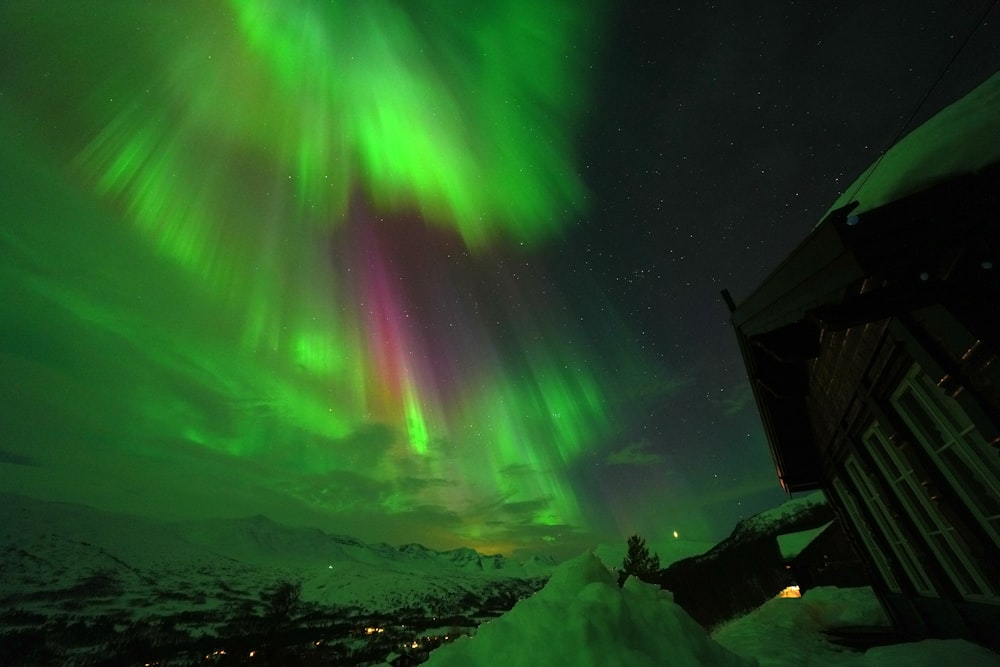 a green and purple aurora bore is in the sky