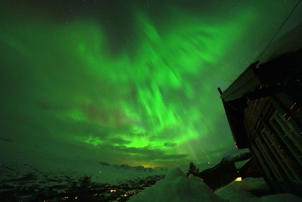 a green and white aurora bore is in the sky