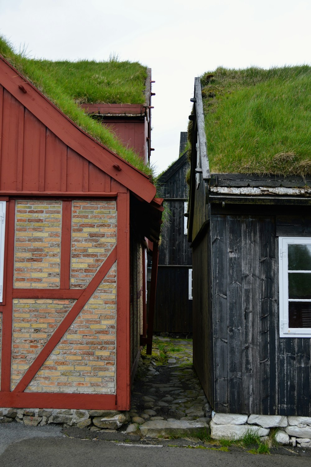 a couple of buildings with a green roof
