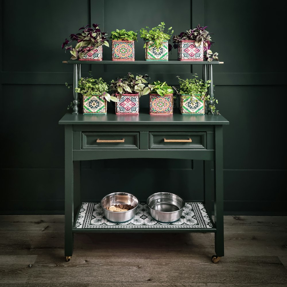 a green table topped with potted plants and bowls of food