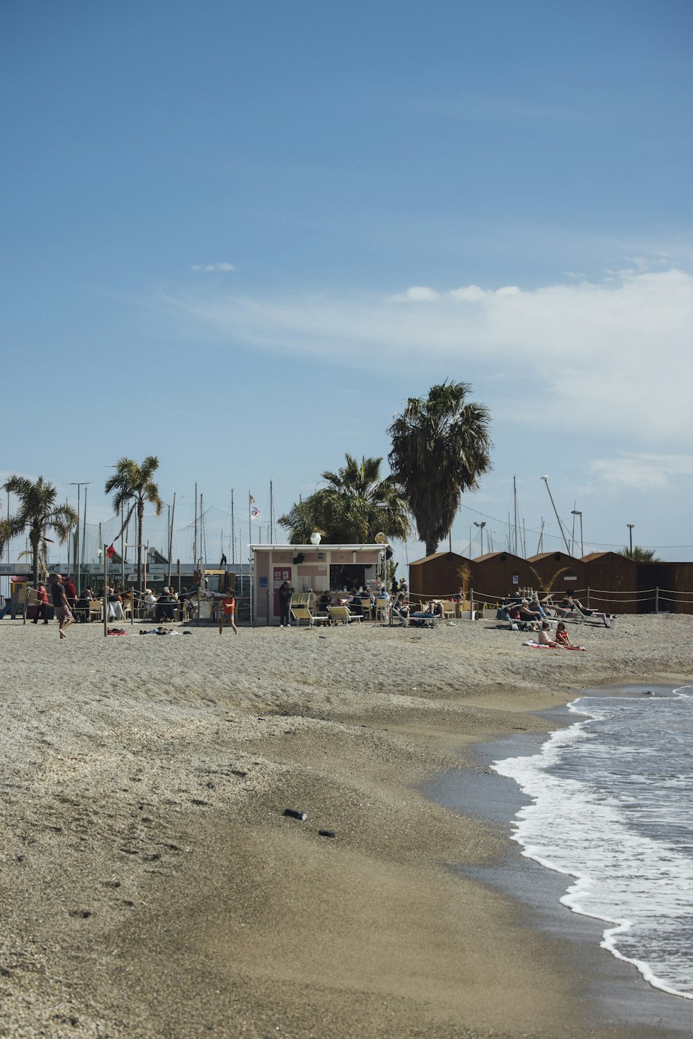 a sandy beach with palm trees and a building in the background