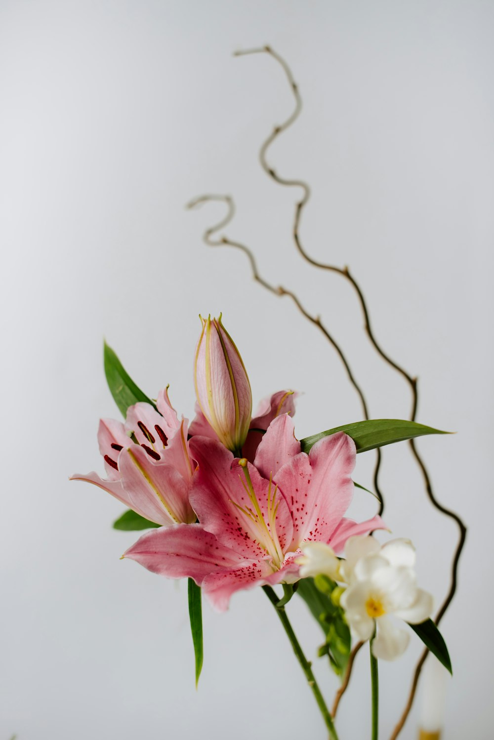 a vase filled with pink and white flowers