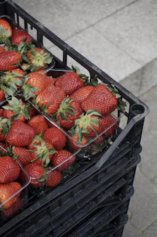 Fresh strawberries packed in small crates ready for delivery to small businesses.