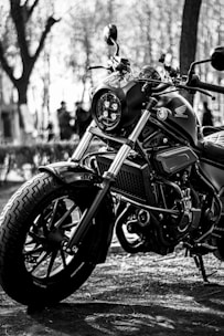 A close-up of a sleek motorcycle captured in black and white, showing its detailed components such as the front wheel and handlebars. The image features blurred trees in the background, suggesting an outdoor setting.
