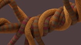 A twisted, textured pattern of ropes intertwines, featuring dynamic zigzag designs in various colors. The ropes have a textural, woven appearance, contributing a sense of complexity and interconnection.