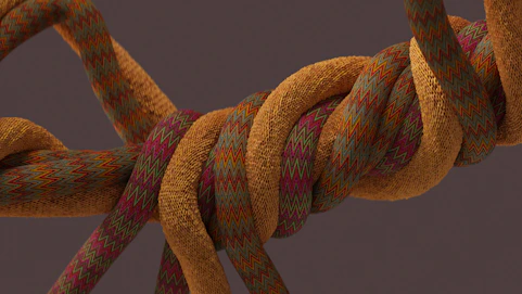 Close-up of colorful braided ropes twisting together in a dynamic 3D simulation.