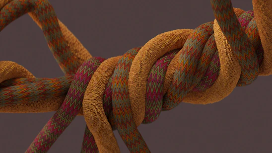Close-up of colorful braided ropes twisting together in a dynamic 3D simulation.