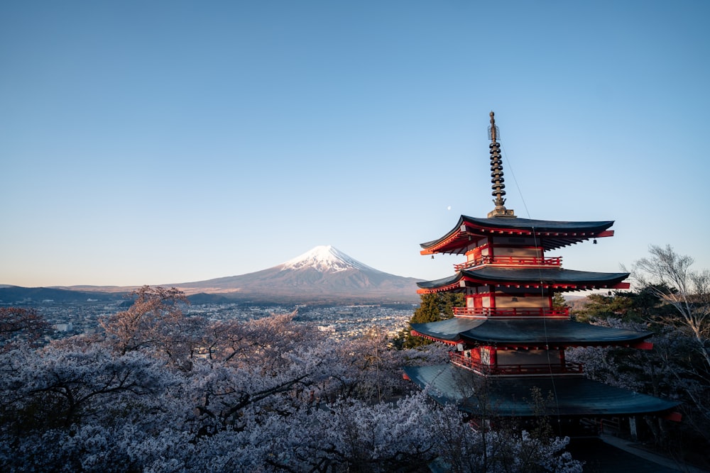 a pagoda with a mountain in the background