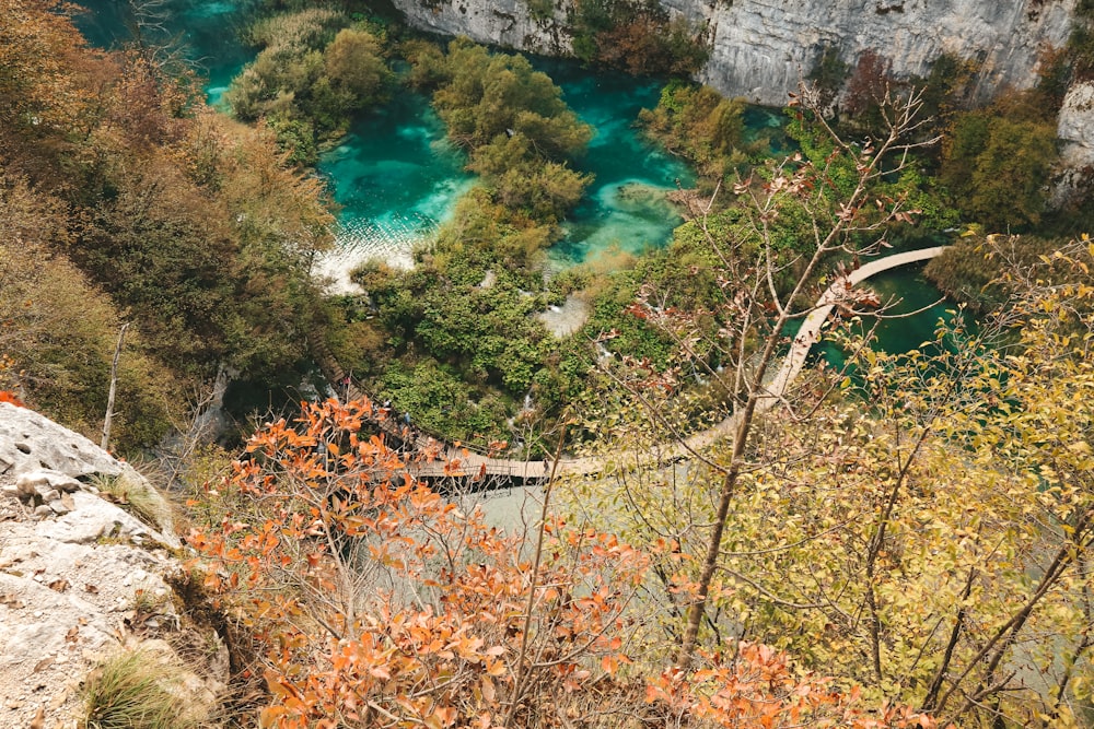 a scenic view of a river and a bridge