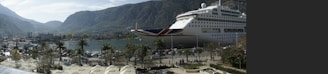A large cruise ship docked at a port with lush green mountains in the background. Palm trees line the waterfront, and several vehicles and people are visible near the ship. The scene conveys a serene coastal setting with clear skies.