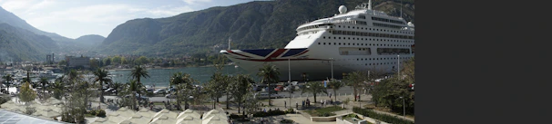 Scenic view of a Royal Caribbean ship docked at a picturesque island port.
