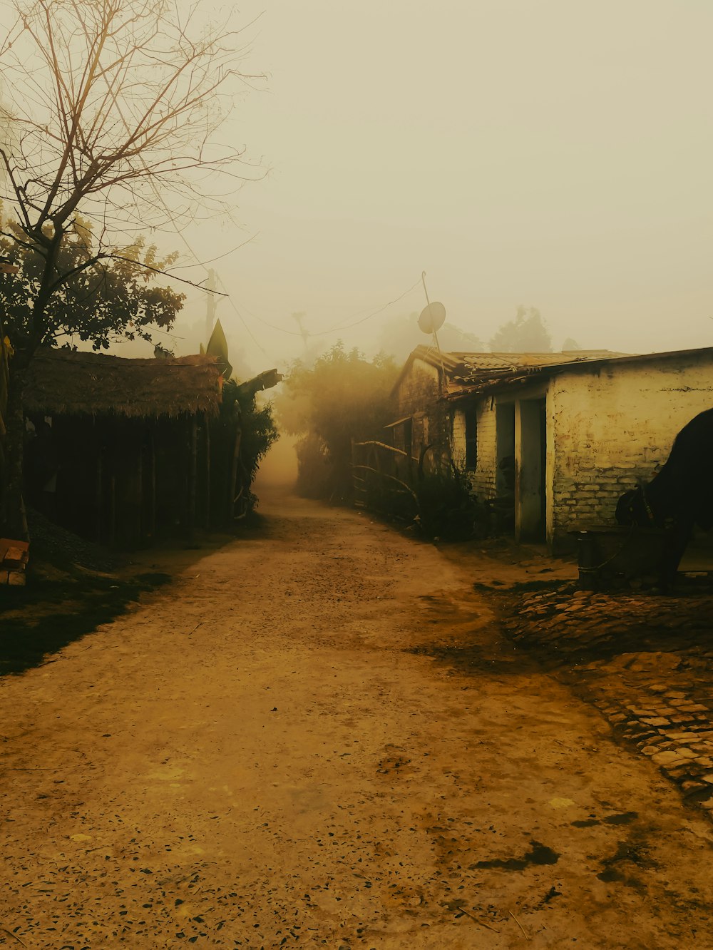 a dirt road leading to a building with a windmill in the background