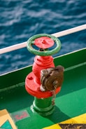 a red and green fire hydrant sitting on top of a green boat