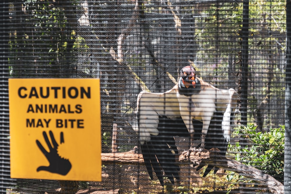 a sign warning of animals in a cage