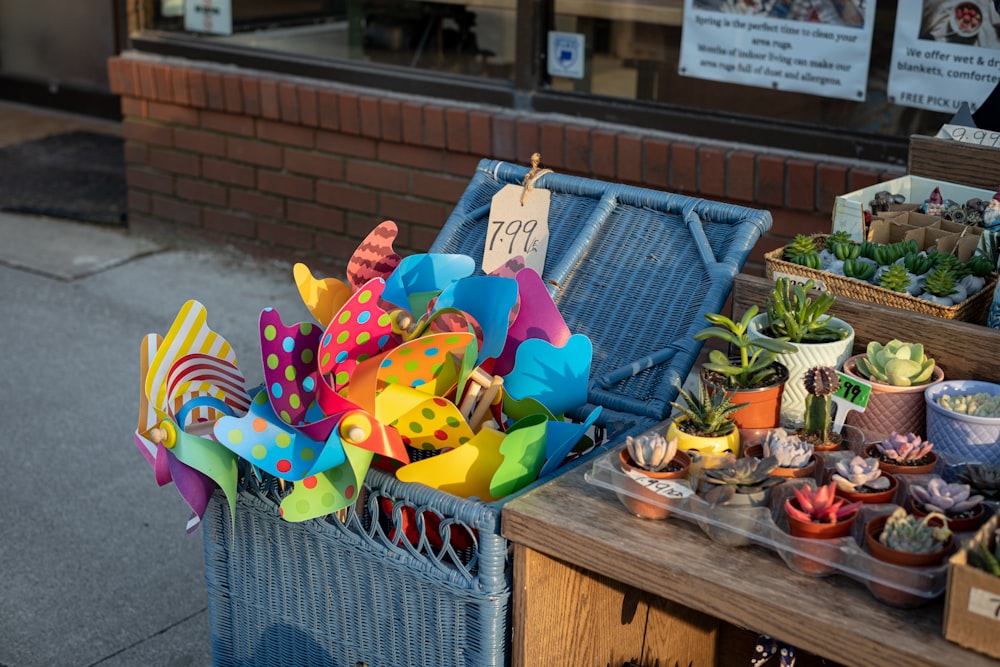 a table with a bunch of colorful items on it