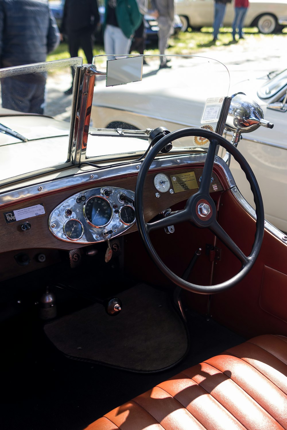 a car with a steering wheel and a dashboard