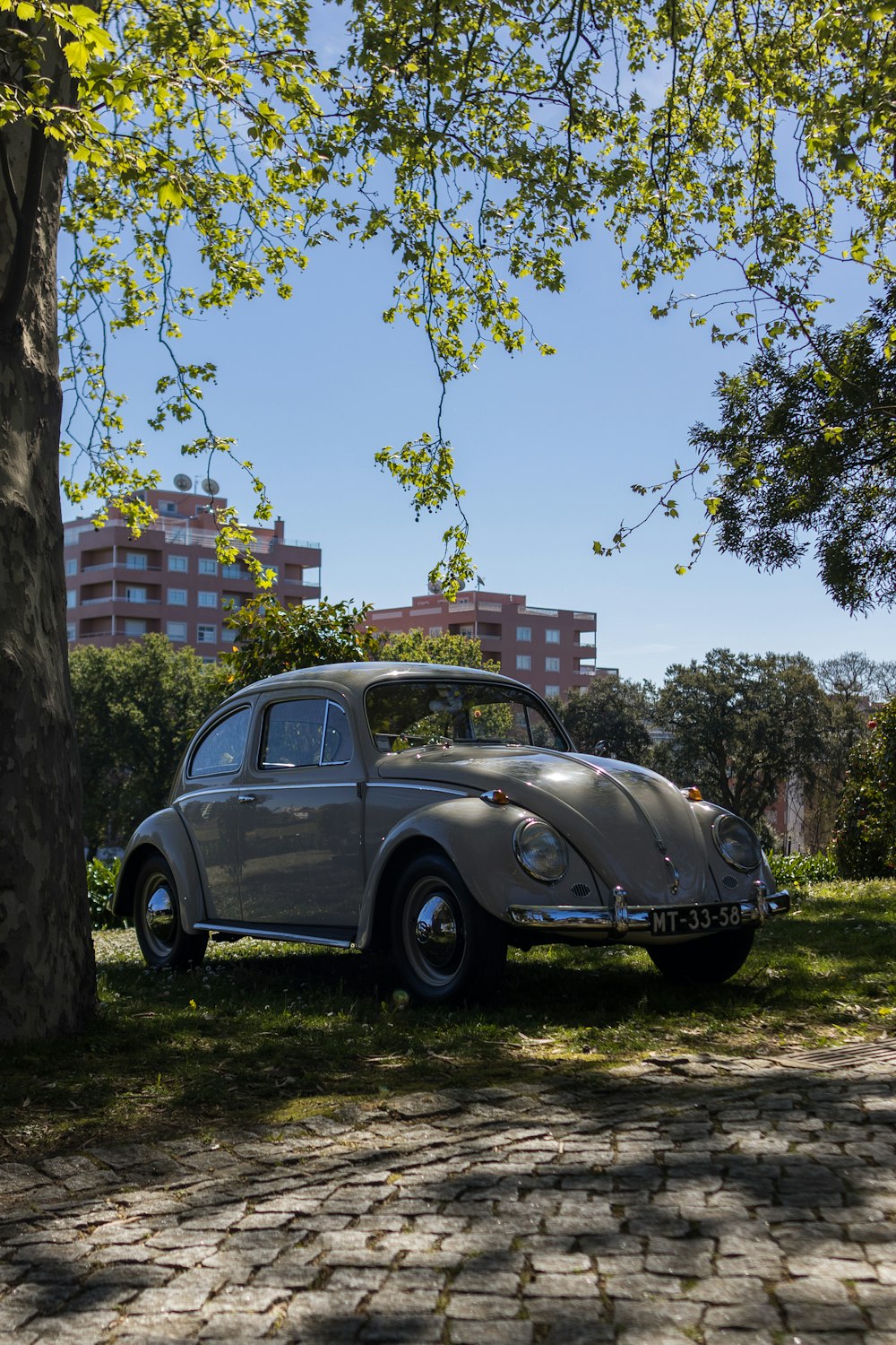 an old vw bug is parked in the shade of a tree