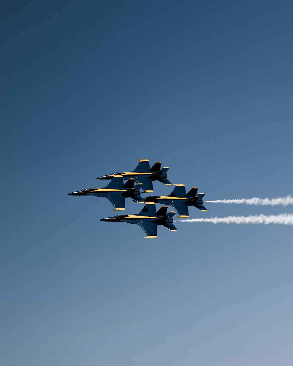 a group of fighter jets flying through a blue sky