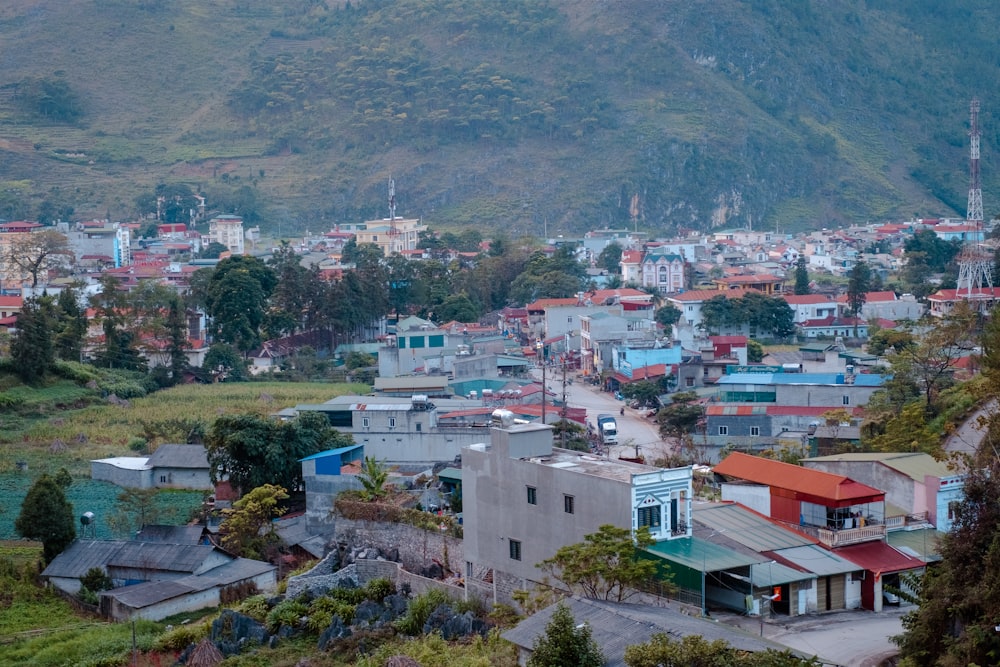 a city with a mountain in the background