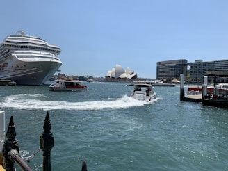 A bustling harbor scene showcases a large cruise ship docked alongside smaller boats navigating the water. The iconic Sydney Opera House stands prominently in the background against a backdrop of clear blue sky. High-rise buildings are visible adjacent to the water, while the view captures a lively atmosphere with movement on the water.