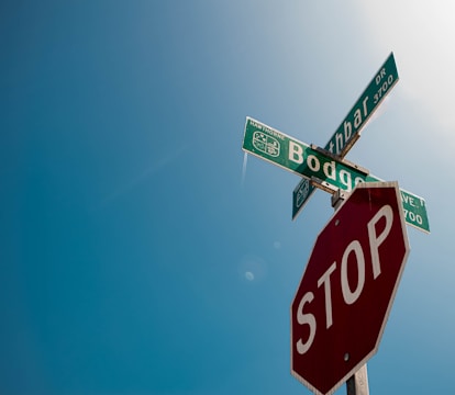 A stop sign is prominently displayed in the foreground against a clear blue sky. Above the sign are street signs indicating the intersection of Hawthorne Avenue and Bodega Street.