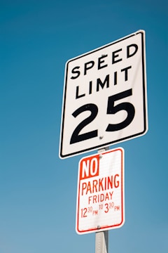 a speed limit sign and a no parking sign