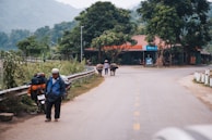 A rural scene featuring a road winding through a village with lush greenery and mountains in the background. A person wearing a helmet and jacket stands next to a motorcycle loaded with luggage on the roadside. Farther down the road, another person leads two buffaloes. Several small buildings with signs and a mixture of traditional and modern architecture line the road.