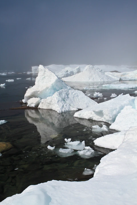 a group of icebergs floating on top of a body of water