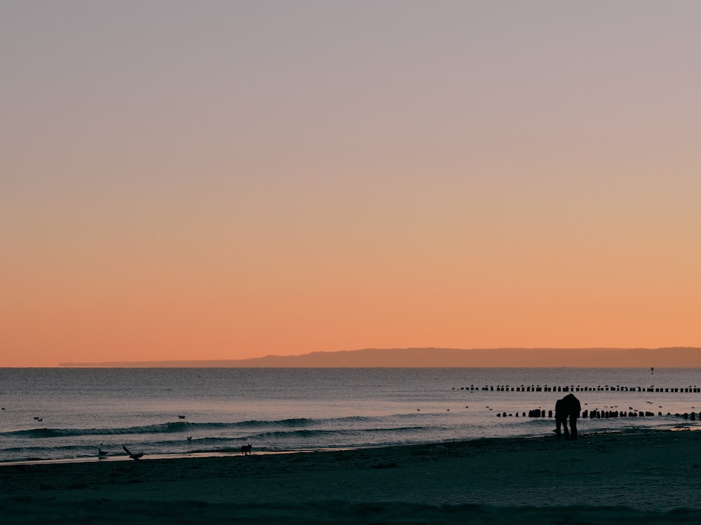 a couple of people standing on top of a sandy beach