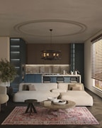 a living room filled with furniture and a large rug