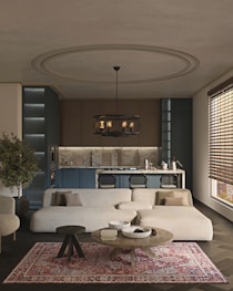 a living room filled with furniture and a large rug