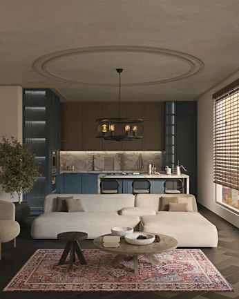 a living room filled with furniture and a large rug