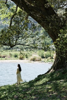 A serene landscape featuring a person in a flowing dress.