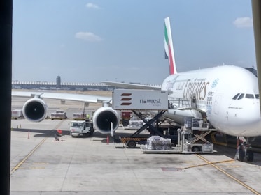 Cargo pallets marked with various international airline logos being loaded into a large aircraft.