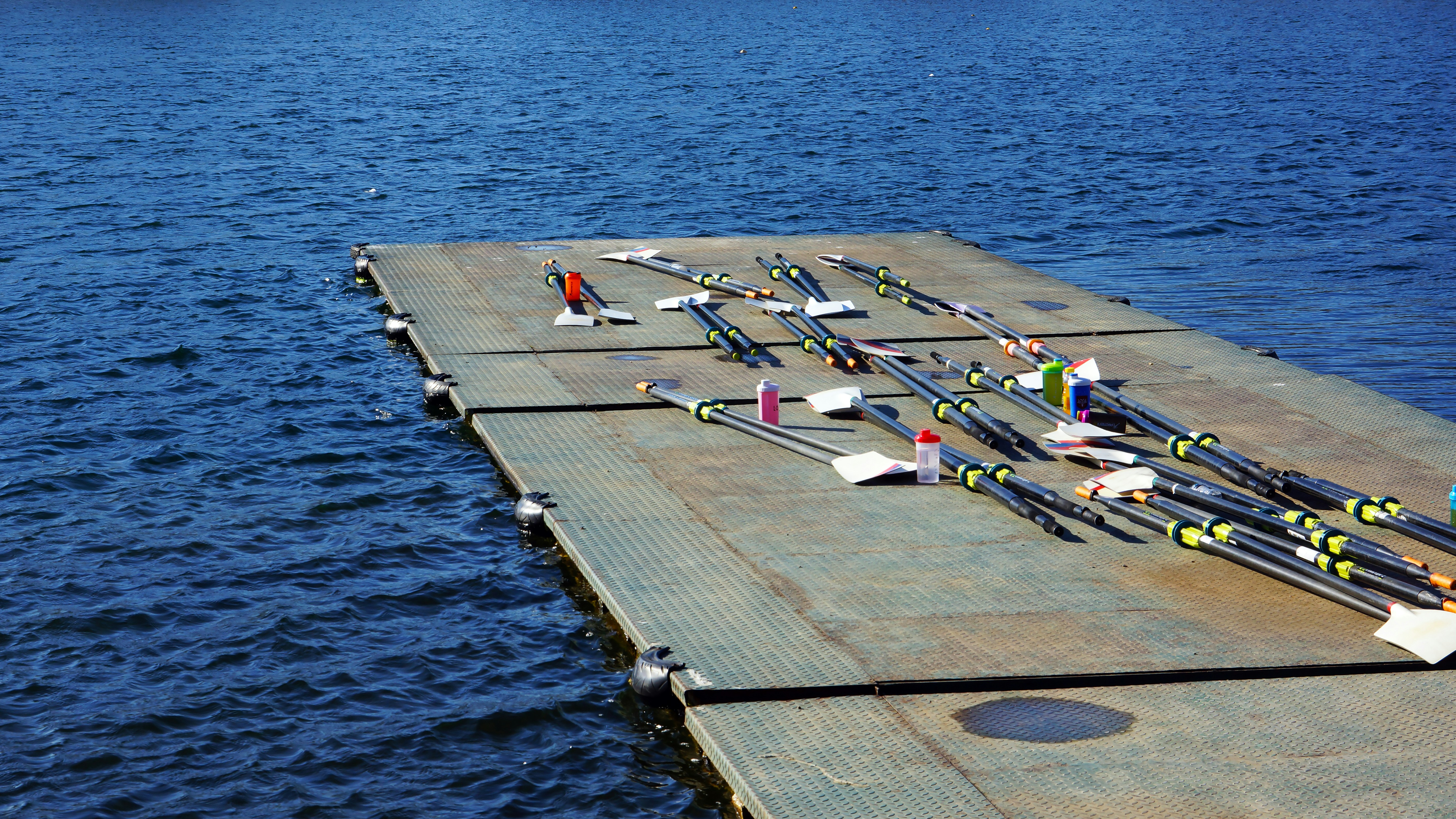 a group of rowers are lined up on a dock