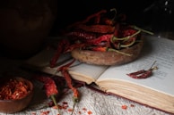 A rustic wooden bowl filled with dried red chili peppers rests on an open book. More peppers spill onto the pages, while a small wooden bowl nearby contains crushed chili flakes. The setting is dimly lit, creating a moody and earthy atmosphere.