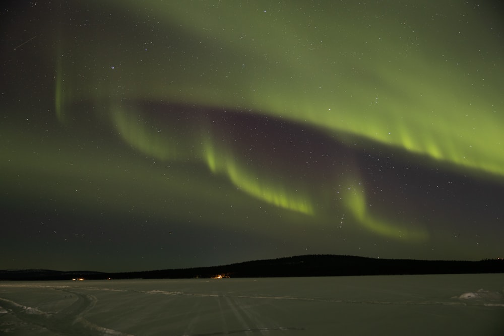 a green and purple aurora bore in the night sky