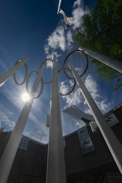 the olympic rings are in front of a building